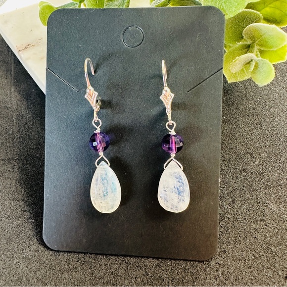 Moonstone and Amethyst Earrings Sterling Silver Lever Back Dangle - Picture 8 of 10